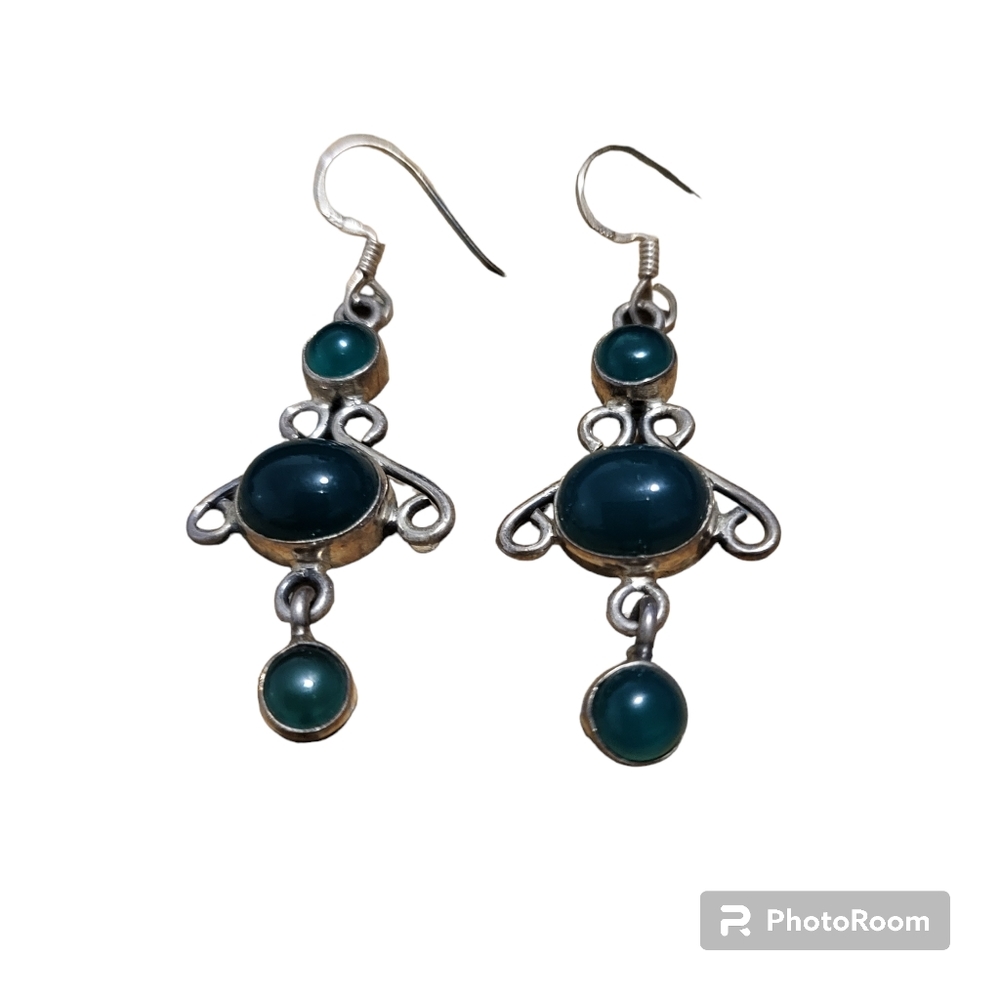 Vintage silver plated dark green aventurine stone dangle earrings